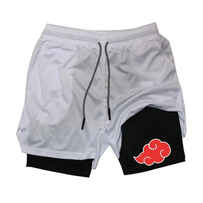 2-In-1 Compression Running Shorts With Towel Loop Pockets Anime Print