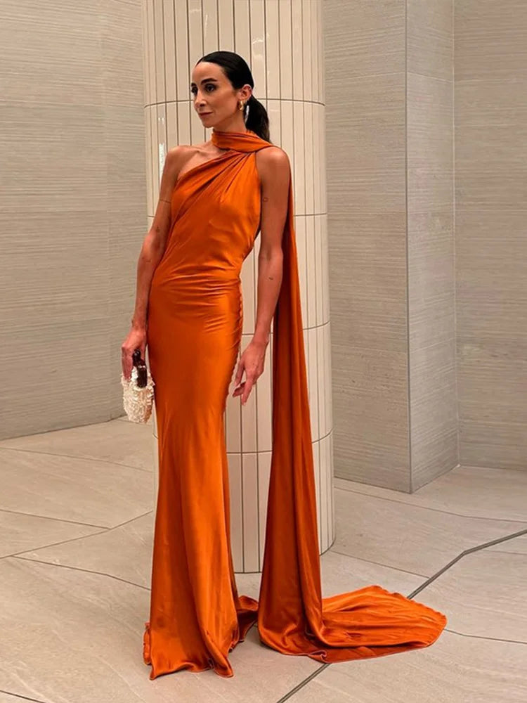 Sexy Satin Ribbon Party Dress Women Elegant Halter Backless Off Shoulder Sleeveless Female Dresses 2024 Summer Solid Robe Gown