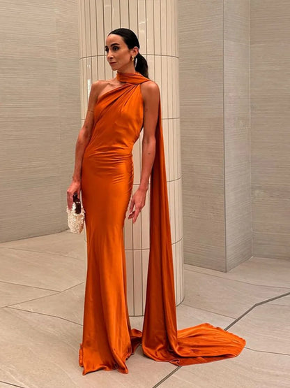 Party Dress Polyester Ankle Length Backless Halter Off Shoulder Sleeveless