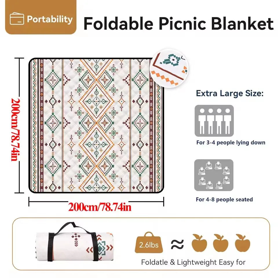 200x200CM Waterproof Picnic Blanket Large Beach Blanket Outdoor Picnic Mat Beach Mat with Carrying Handle for Travel Camping