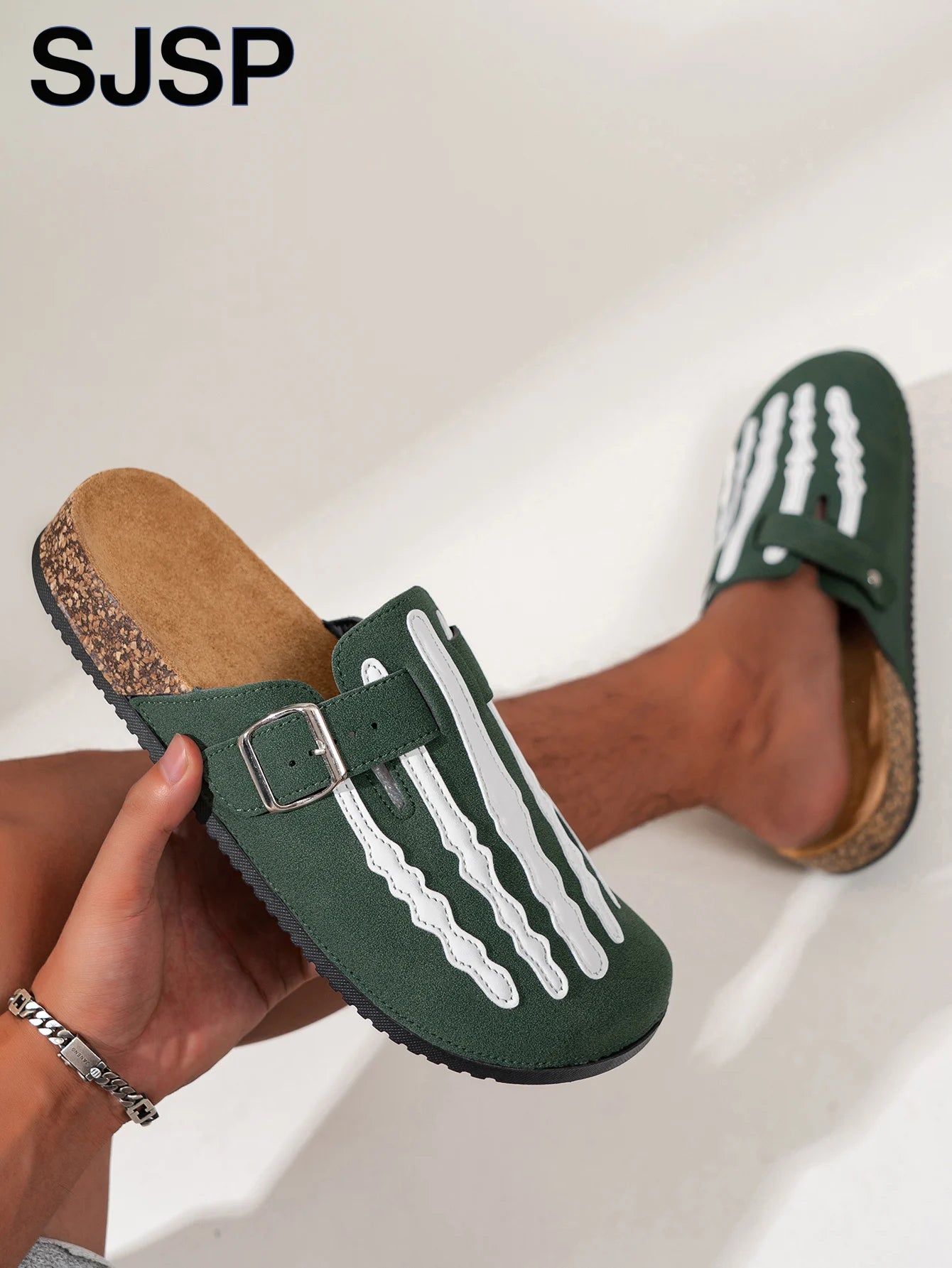 Skeleton Print Slip On Sandals With Buckle Strap Closed Toe For Men