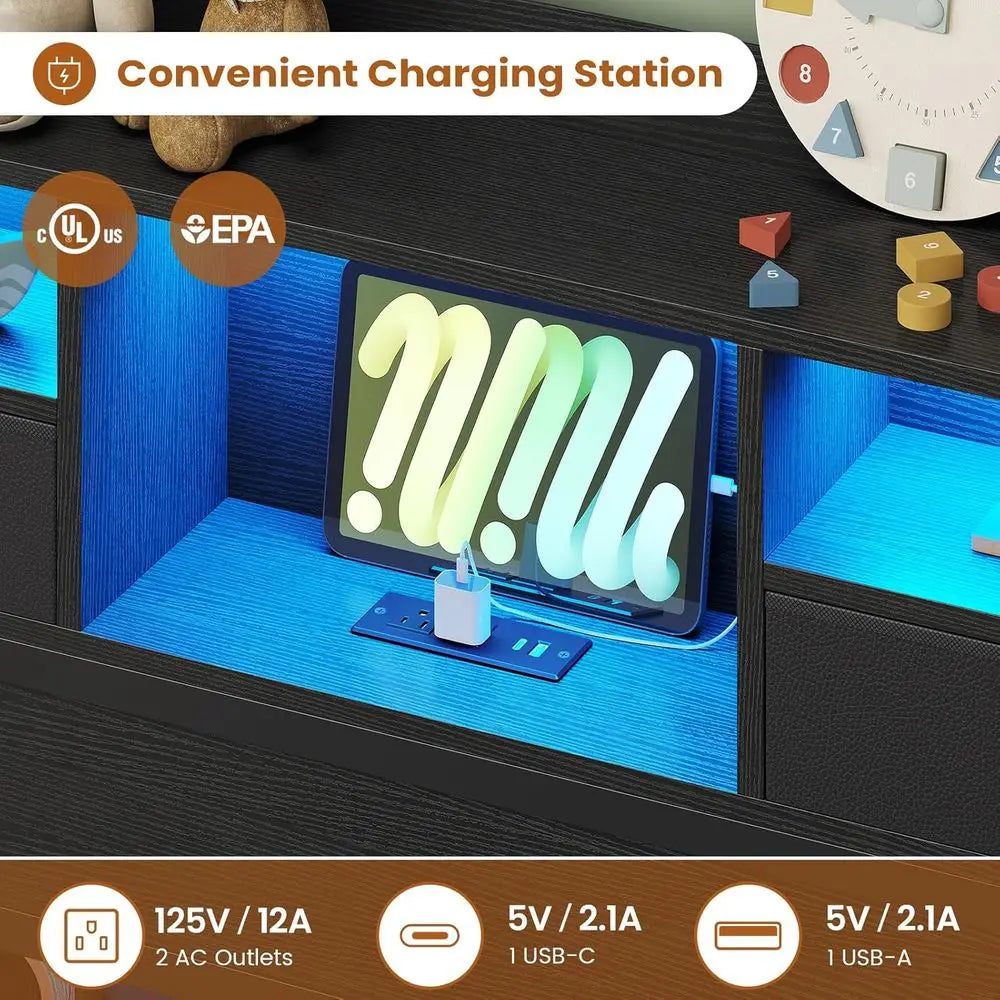 Twin Size Bed Frame with Headboard, LED Lighting, Storage Shelves, and Underbed Storage, Platform Bed for Kids, No Box Spring Re