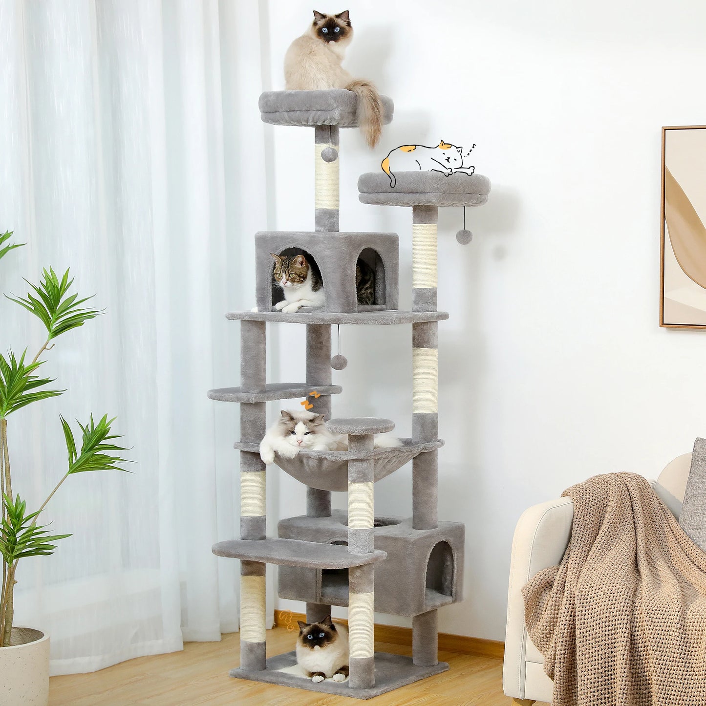 Spacious Cat Tree Tower with Hammocks and Scratching Posts