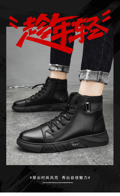 Brown Leather Mens Ankle Boots Lace Up Platform Outdoor