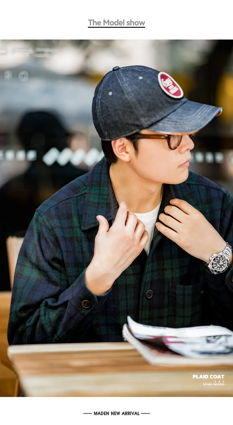 Maden American Retro Blue Green Plaid Wool Jacket Loose Thick Plaid Shirt Jacket Men's Coat Clothing Spring And Autumn