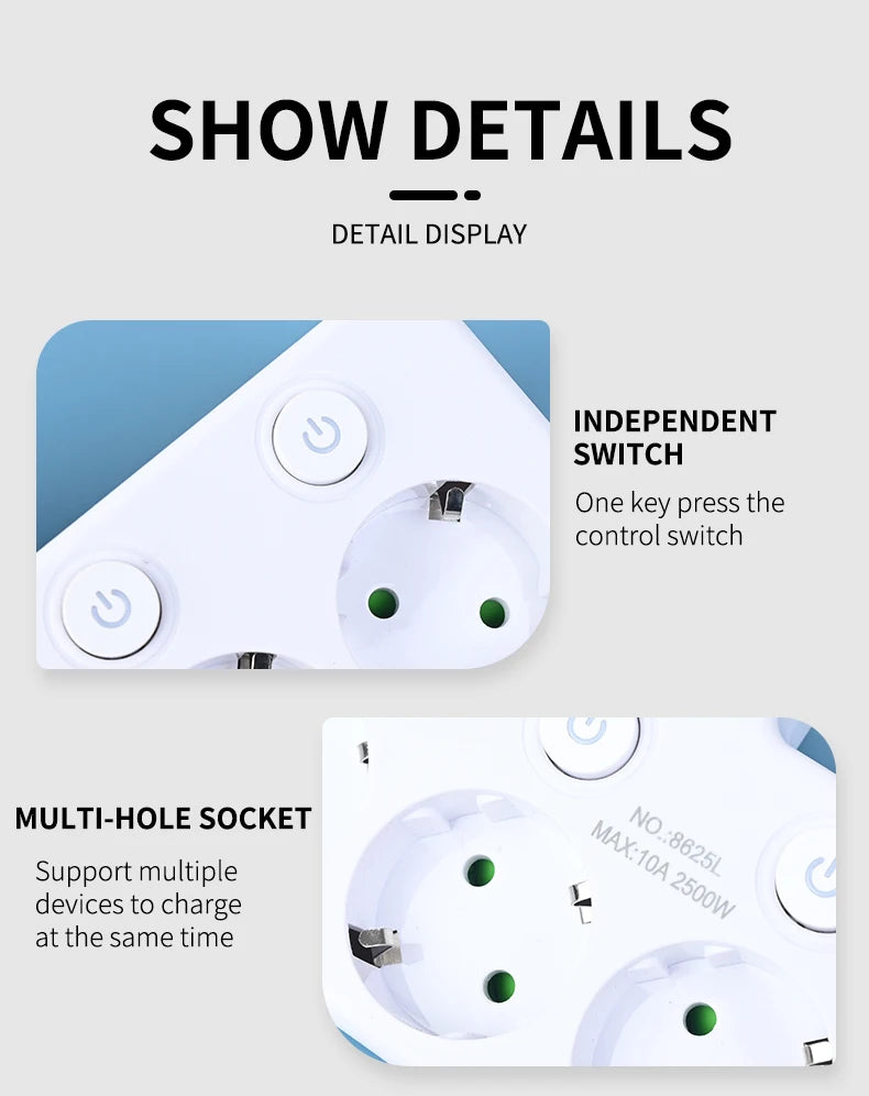 EU Plug Power Strip 4 AC Outlets 2 USB 1 Type-C Ports Two specifications Independent switch with small night light
