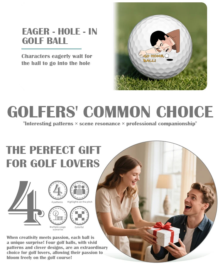 Caiton 4-Pack Golf Balls – 4 Unique Designs, Fun Gag Gifts for Men, Dad, Grandpa, Perfect for Birthday, Xmas, Retirement