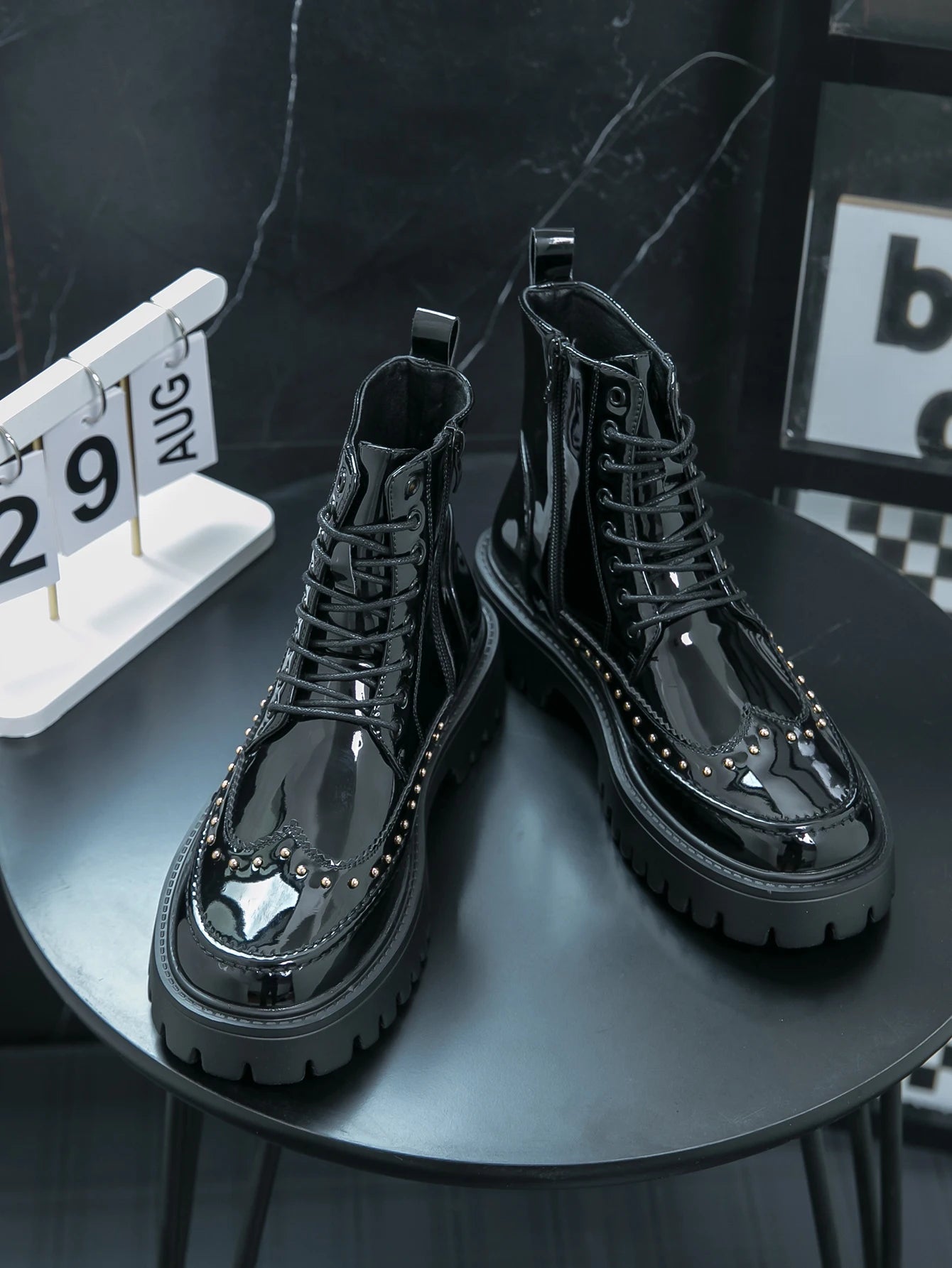 Men's Mid-Calf Leather Motorcycle Boots Pointed Toe Lace-Up