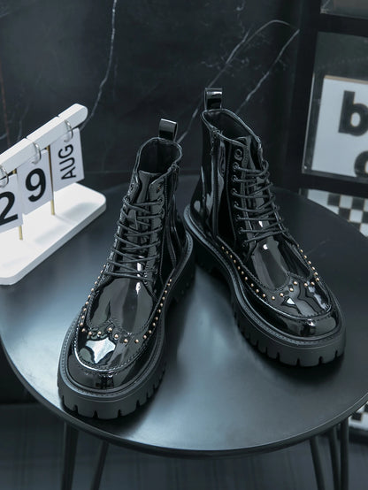 Men's Mid-Calf Leather Motorcycle Boots Pointed Toe Lace-Up