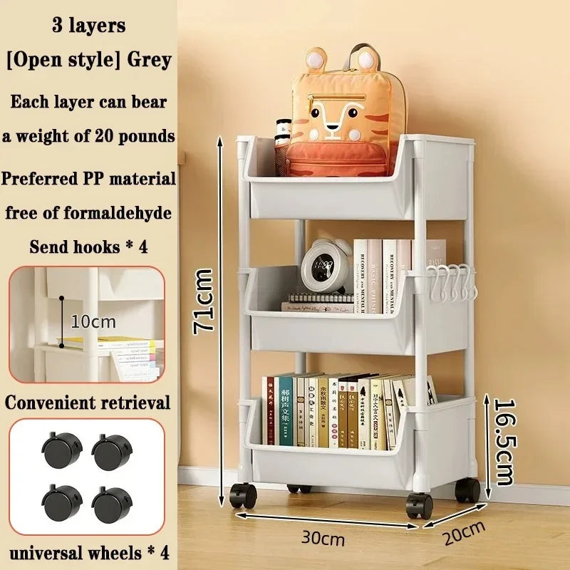 Bookshelf With Wheels Multi-Layer Movable Trolley Home Snack Organizer Shelf Kitchen Vegetable Basket Bedroom Mobile Cart Racks