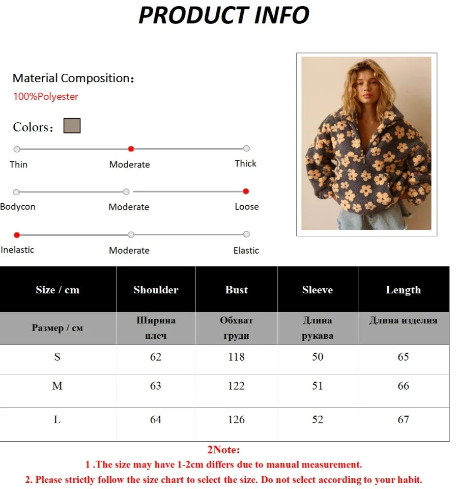 Blubelle New Autumn Winter Women's Sherpa Floral Pullover Hoodies Half Zip Style Loose Fit Warm Stylish Sweatshirt