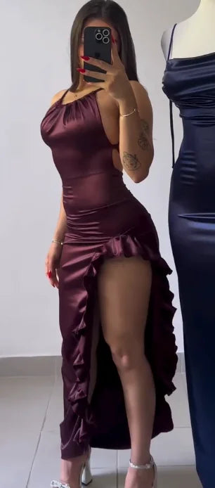 Ankle-Length Slash-Neck Knit Dress Polyester Elastane Slim Fit