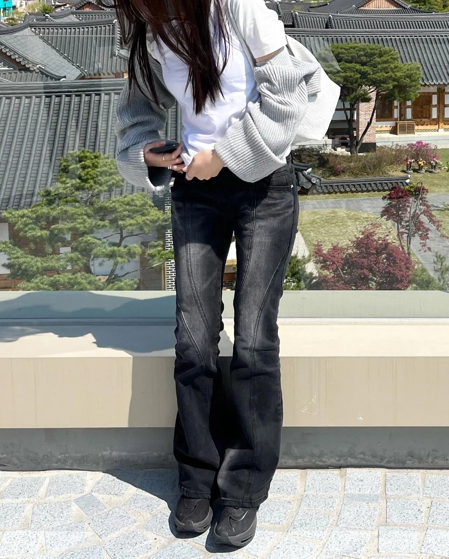 Karrram Vintage Distressed Low Waist Jeans Grunge Asymmetrical Waist Denim Pant Korean Fashion Black Flare Jeans Kpop Streetwear