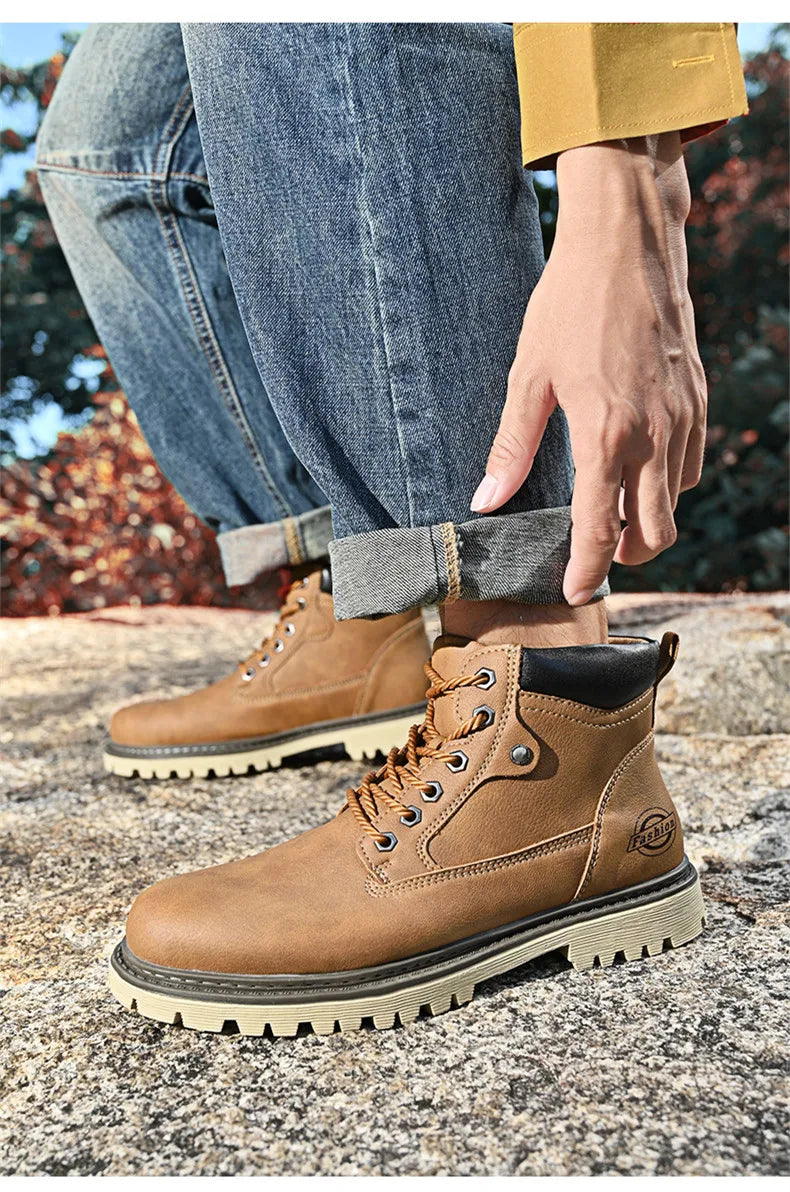 Leather Men Work Boots Mid Calf Ankle High Top Non Slip