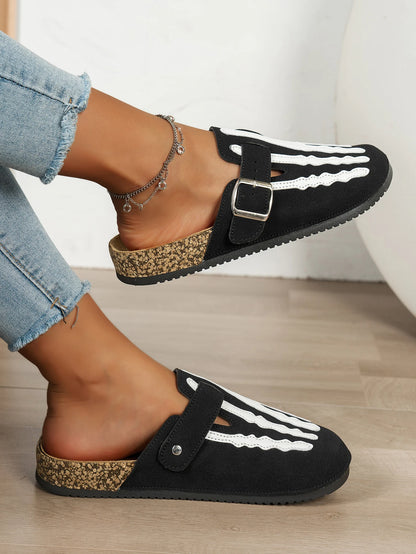 Womens Skeleton Print Slip On Sandals With Buckle Strap Closed Toe