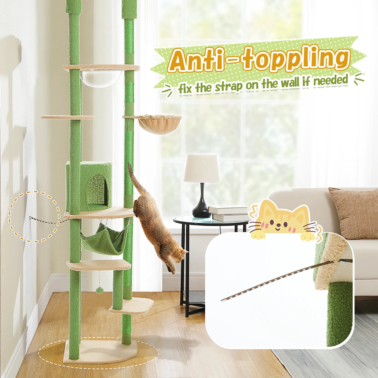 Floor to Ceiling Cat Tree with Sisal Scratching Posts Cozy Condo Hammock Adjustable Height Tall Cat Tower for Indoor Cat Toys