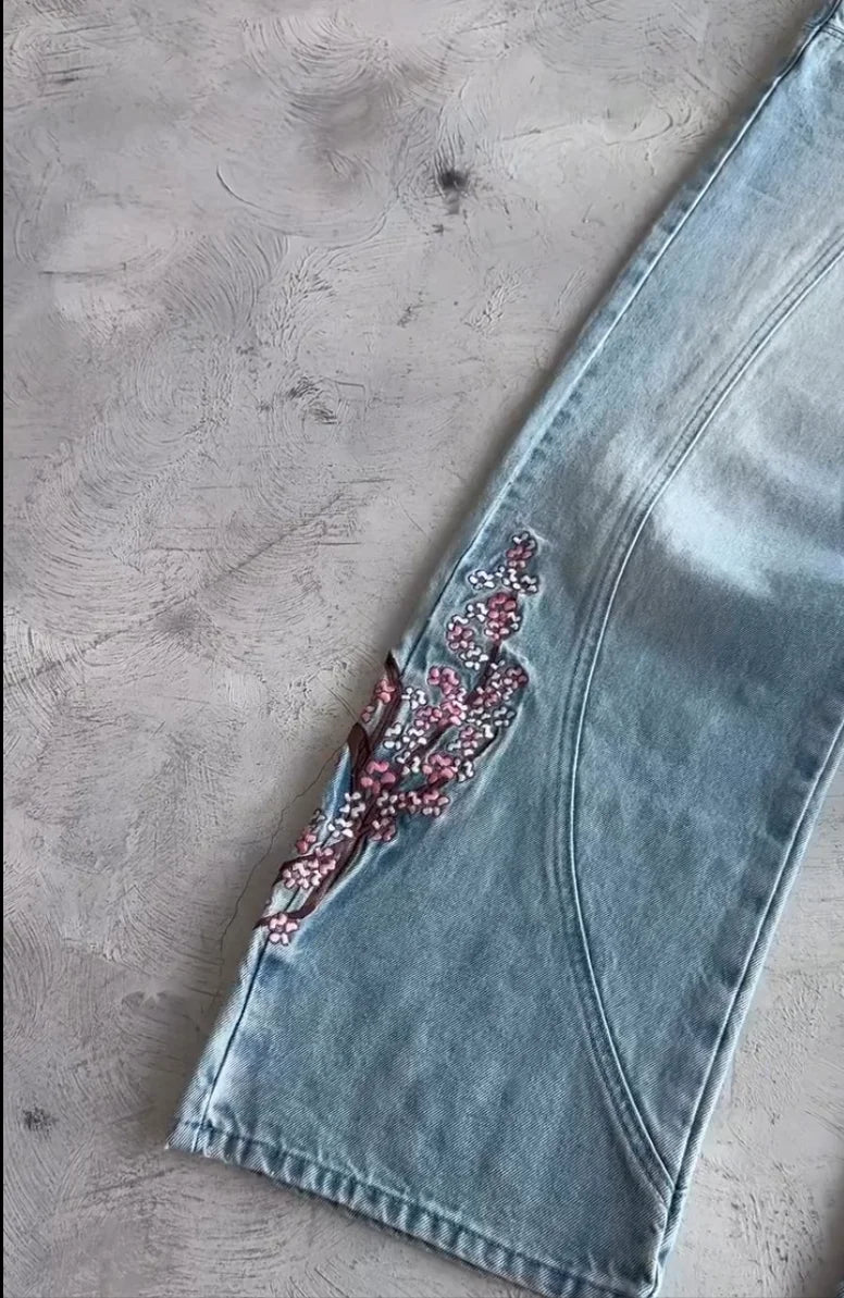 Men Women Cherry Blossom Knight All Embroidery Denim Pants Y2k Vintage Baggy Street Straight Jeans High Waisted Washed Blue Jean