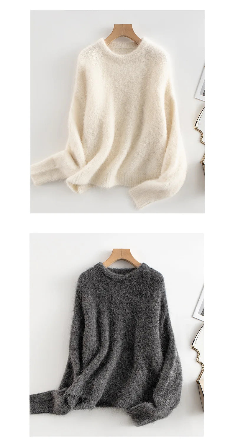 SuyaDream Warm Alpaca Pullovers for Woman, Dropped Sleeved Loose Sweaters, 2025 Fall Winter Top, Camel, Beige