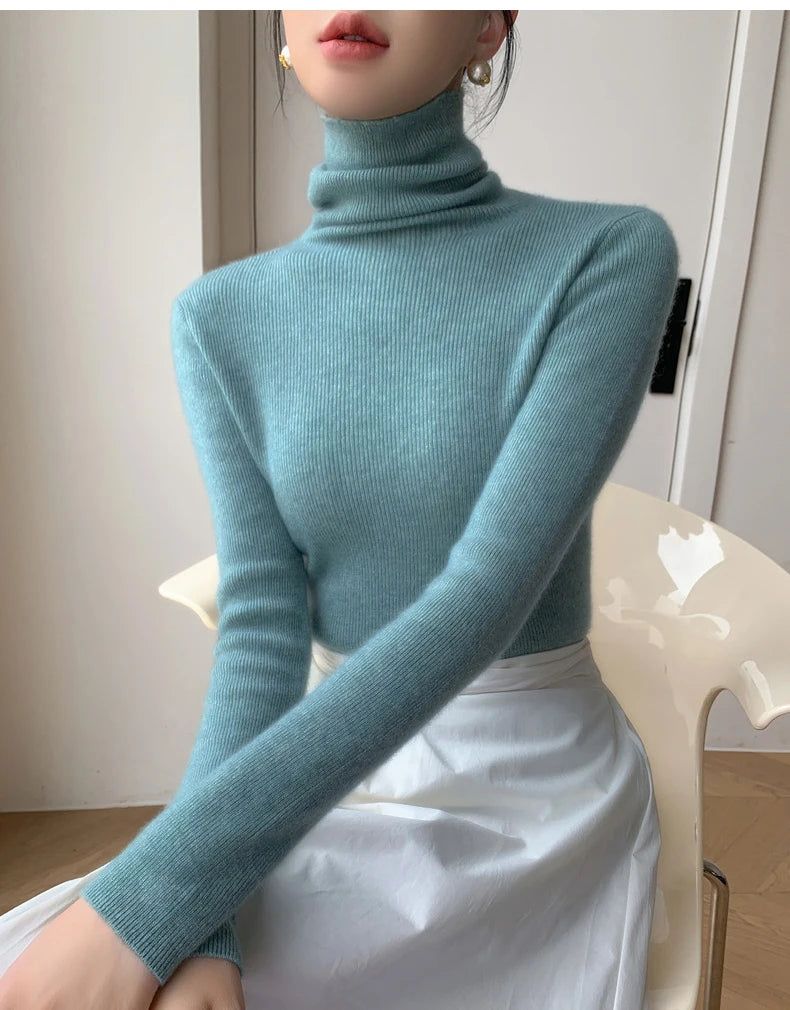 Women Long Sleeve Knitted Pullover Solid Casual Slim Sweater 2025 Autumn Winter Turtleneck Warm Jumper Simple Base Layer Top