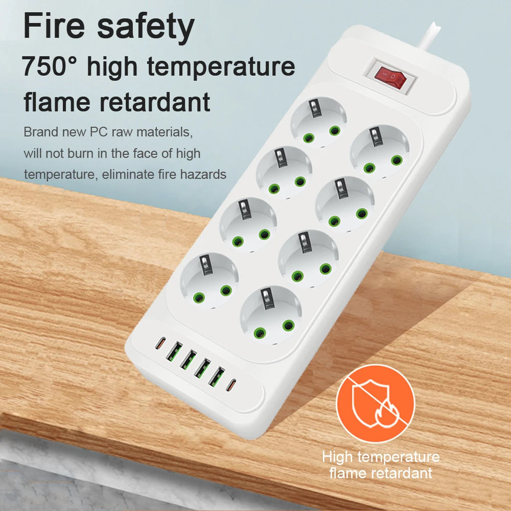 EU Plug 3-Outlet Power Strip With USB Surge Protector 2m Extension Cord Plastic