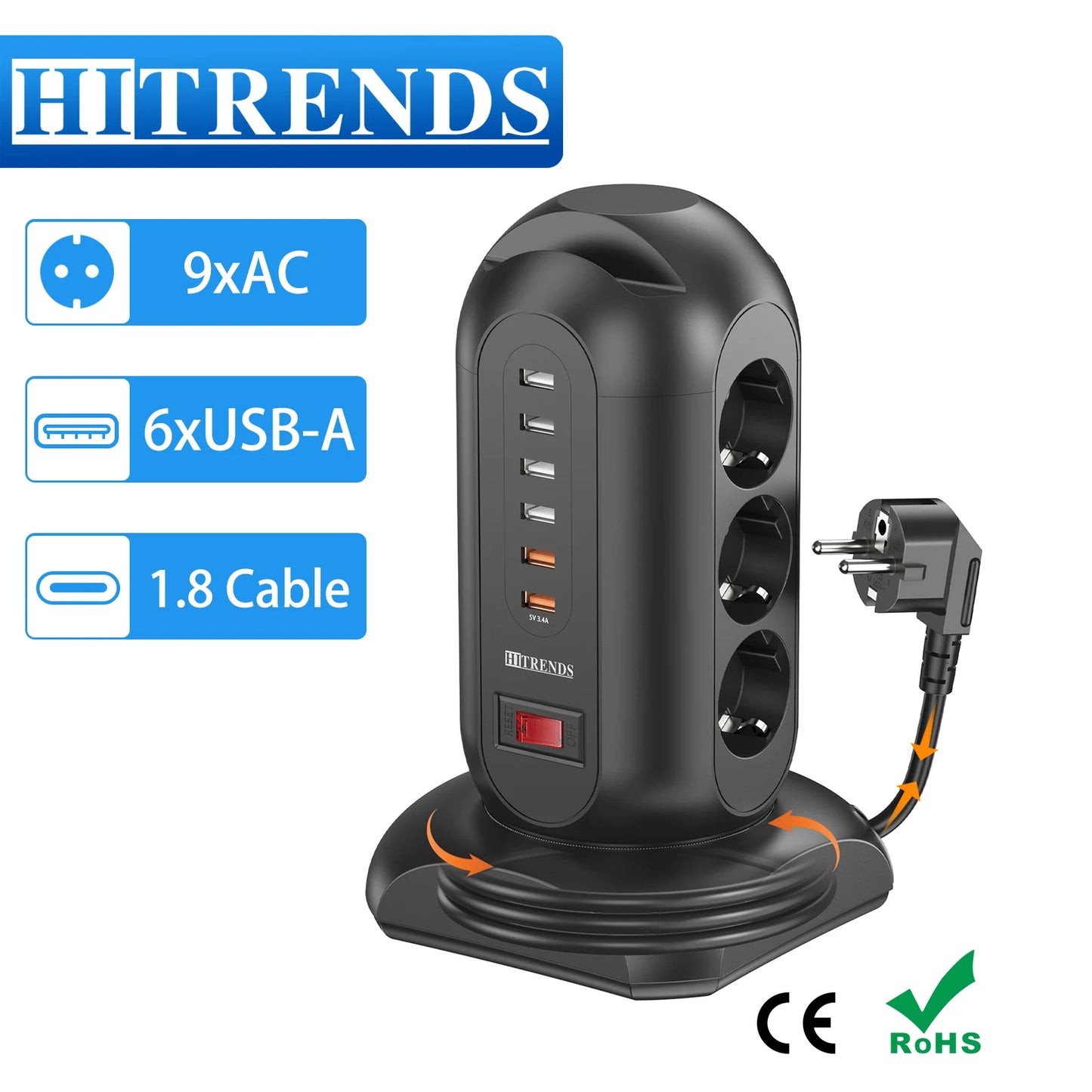 9 way Multiple Socket Power Strip with 6 USB Vertical EU Outlets Tower Socket with 1.8M Extension Cord Surge Protection for home