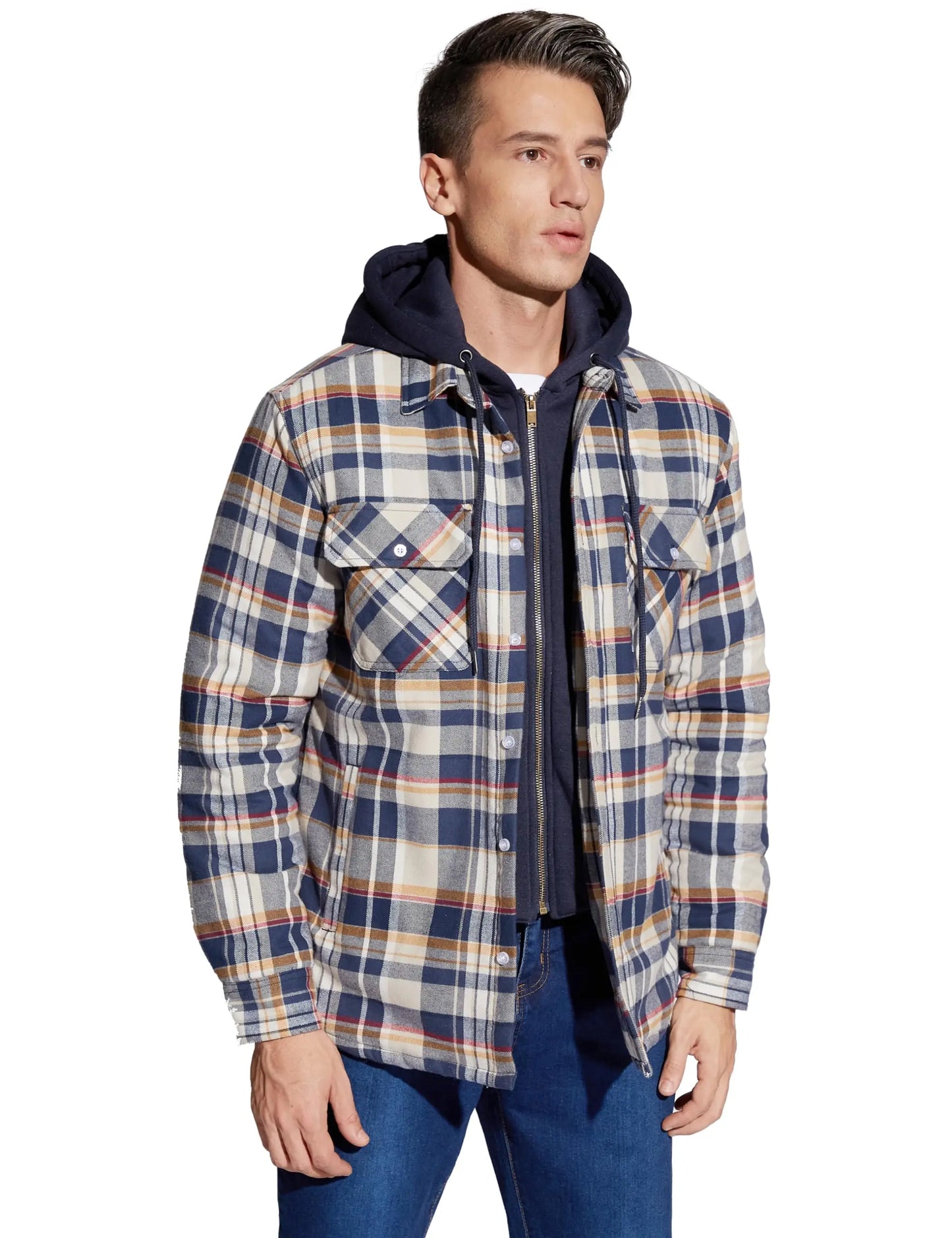 TACVASEN Men's Flannel Shirt Jacket with Removable Hood Plaid Quilted Lined Winter Coats Thick Hoodie Outwear Man Fleece Shirts