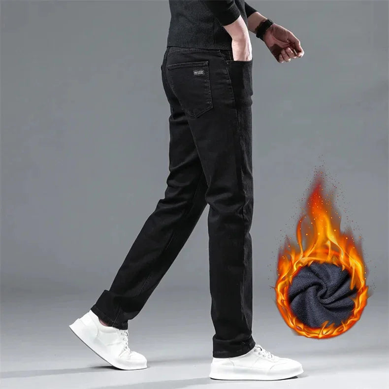 Plus Size Men's Black Straight Stretch Denim Jeans With Fleece Lined Warm Velvet