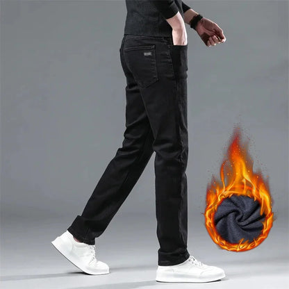 Men's Black Denim Jeans with Velvet Fleece-Lined Plus Size