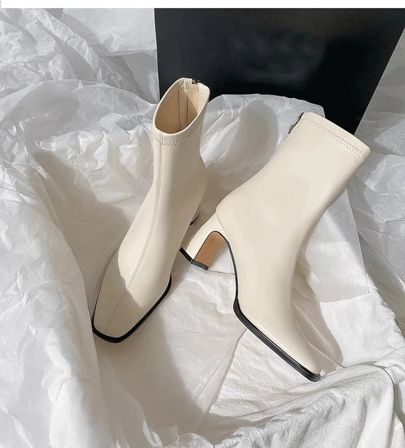 Vintage Warm Cotton Women Ankle Boots Fashion Elegant Square Toe Shoes Autumn Winter Thick Heel Women's Short Booties
