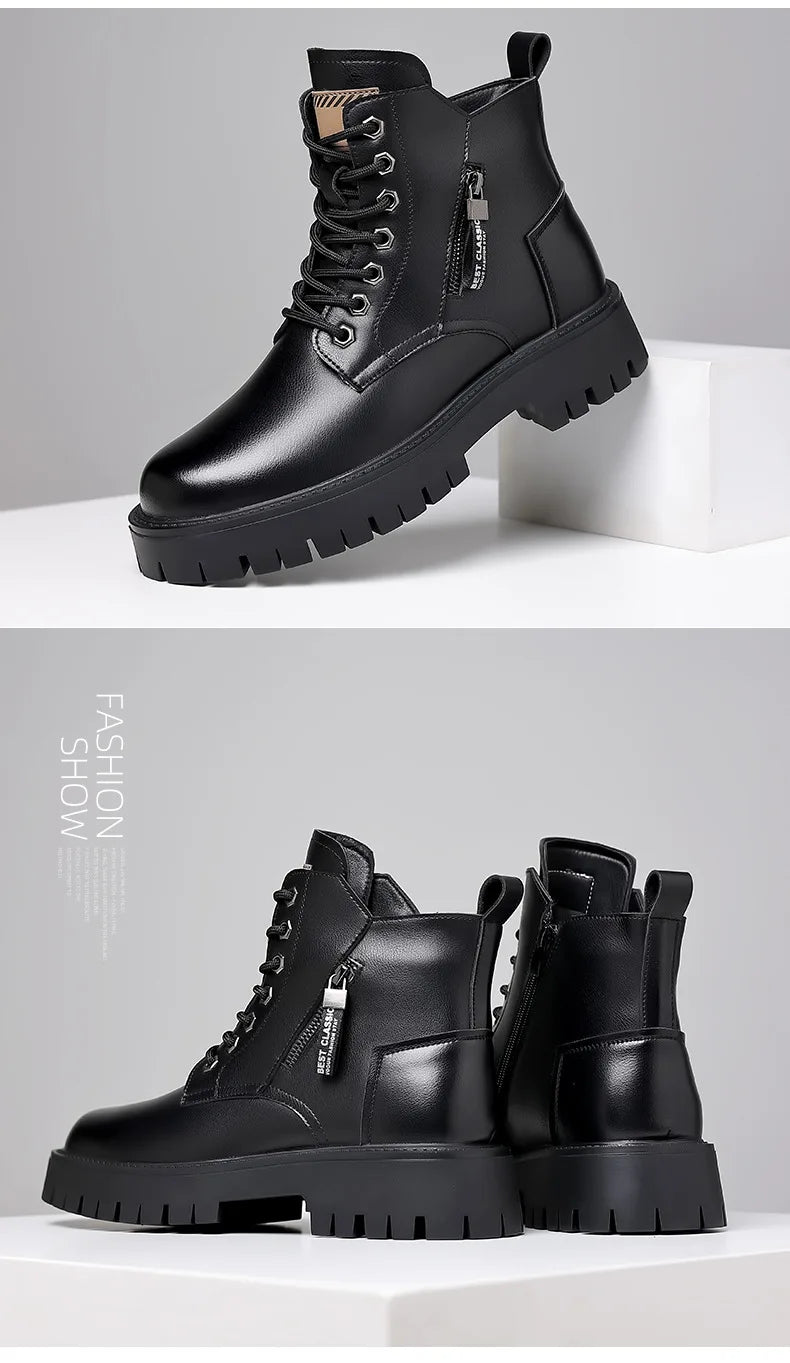 Winter thick soled Men's boots Outdoor waterproof laceup genuine leather boots male Comfortable warm leather shoes Botas Zapatos