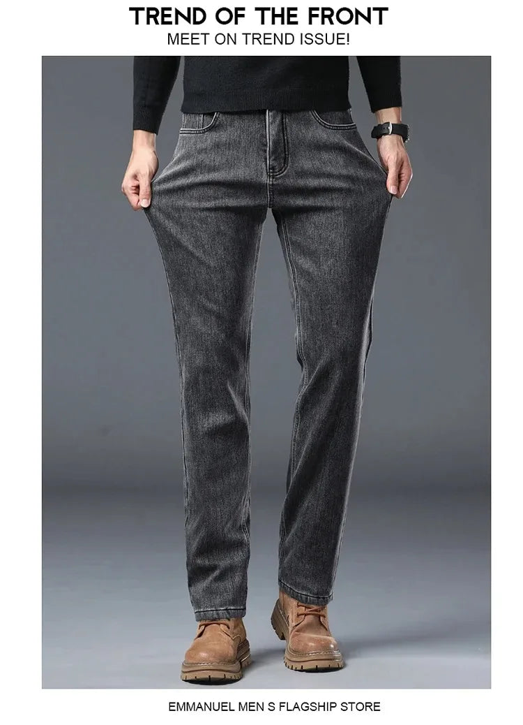 Plus Size Men's Black Straight Stretch Denim Jeans With Fleece Lined Warm Velvet