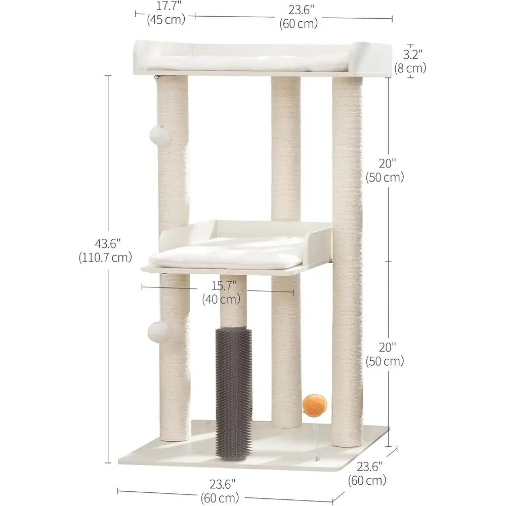 Large Indoor Cat Tower, Modern 43.7 Cat Condo with Scratching Post, Perch, Removable Pads, White