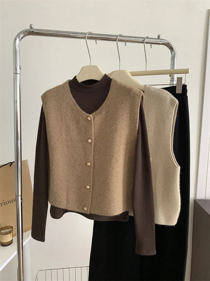 Women Gold Button Knitted Sleeveless Vest Waistcoat Cardigan