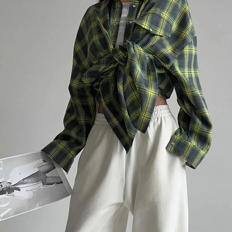 Oversized Plaid Shirt For Women Long Sleeve Button-Down Korean Style