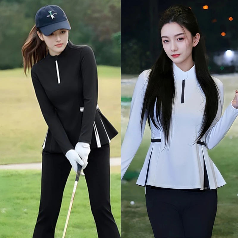 2025 New Golf Shirt Women Long Sleeve Zipper Collar T-Shirt Ladies Slim Pleated Golf Tops Breathable Casual Tennis Sportswear