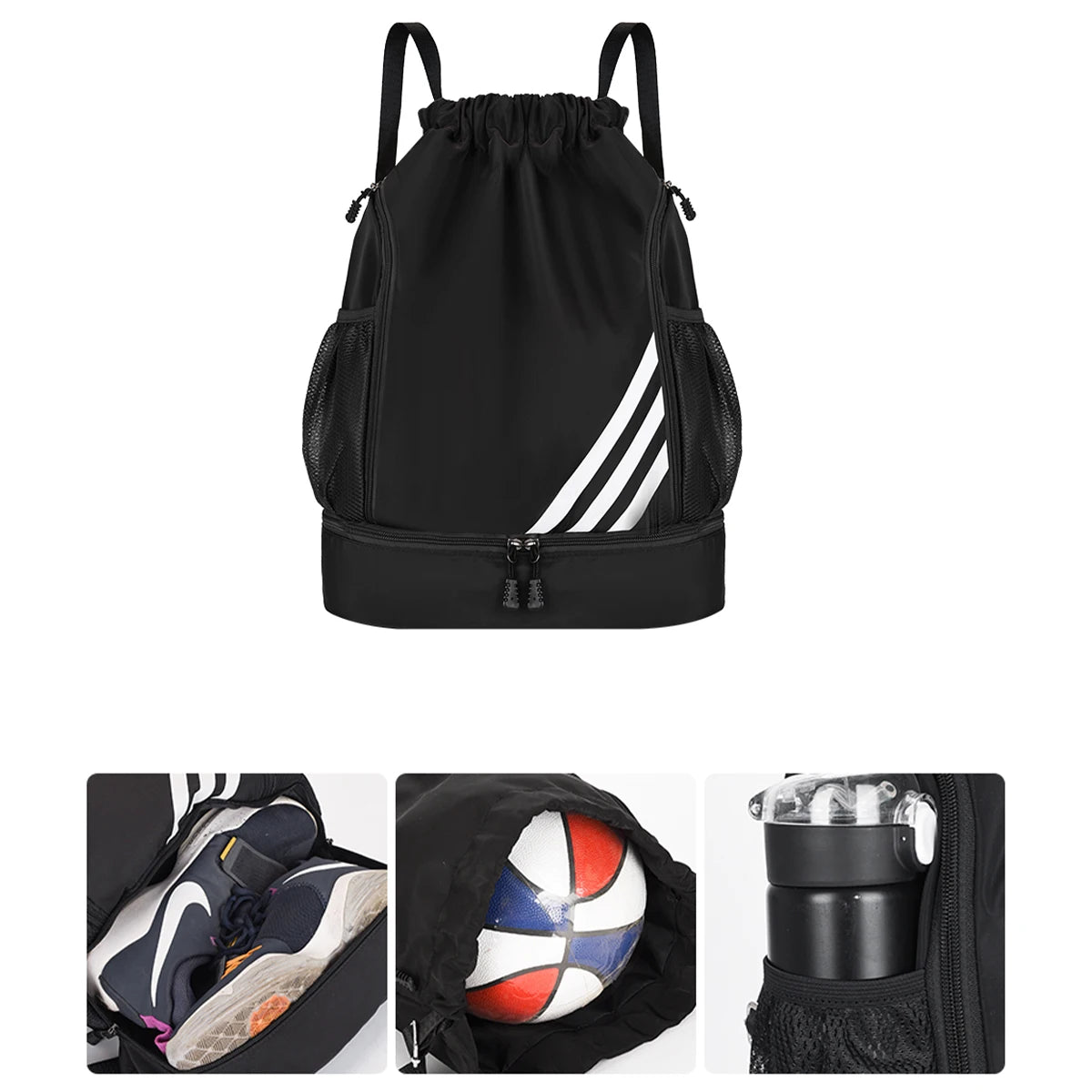Sport Backpack Wet Dry Separation Compartment Ventilated Shoe Storage Oxford Drawstring Adjustable Straps Basketball Campus