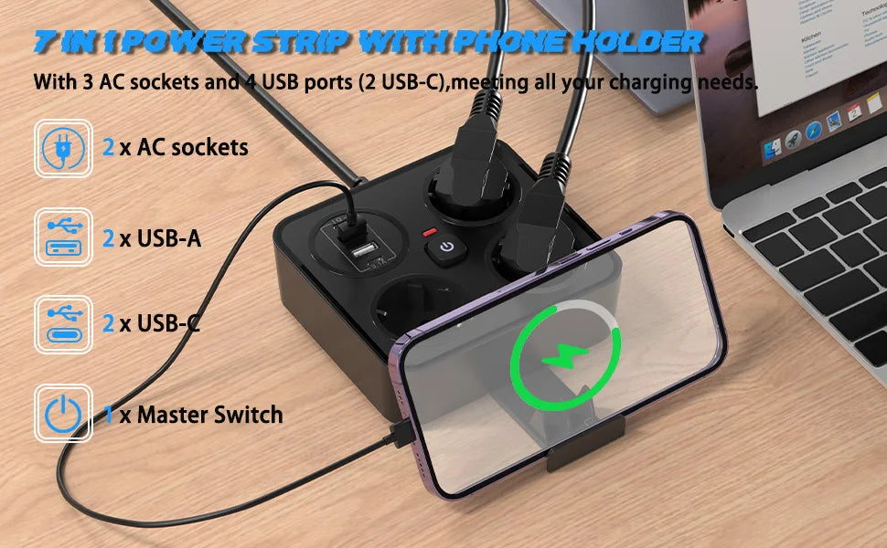 European plug extension cord power strip with 3AC+2USB-A+2USB-C with switch multi-contact socket 13A 250V 3250W surge protector