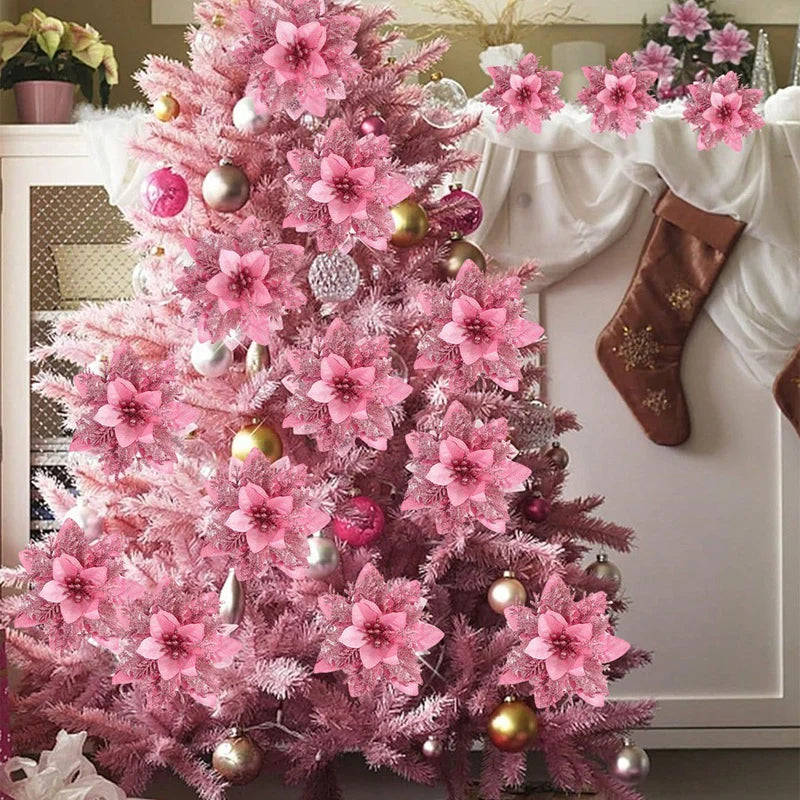 Artificial Pink Christmas Flowers – Xmas Tree Toppers for Home & Holiday Decor