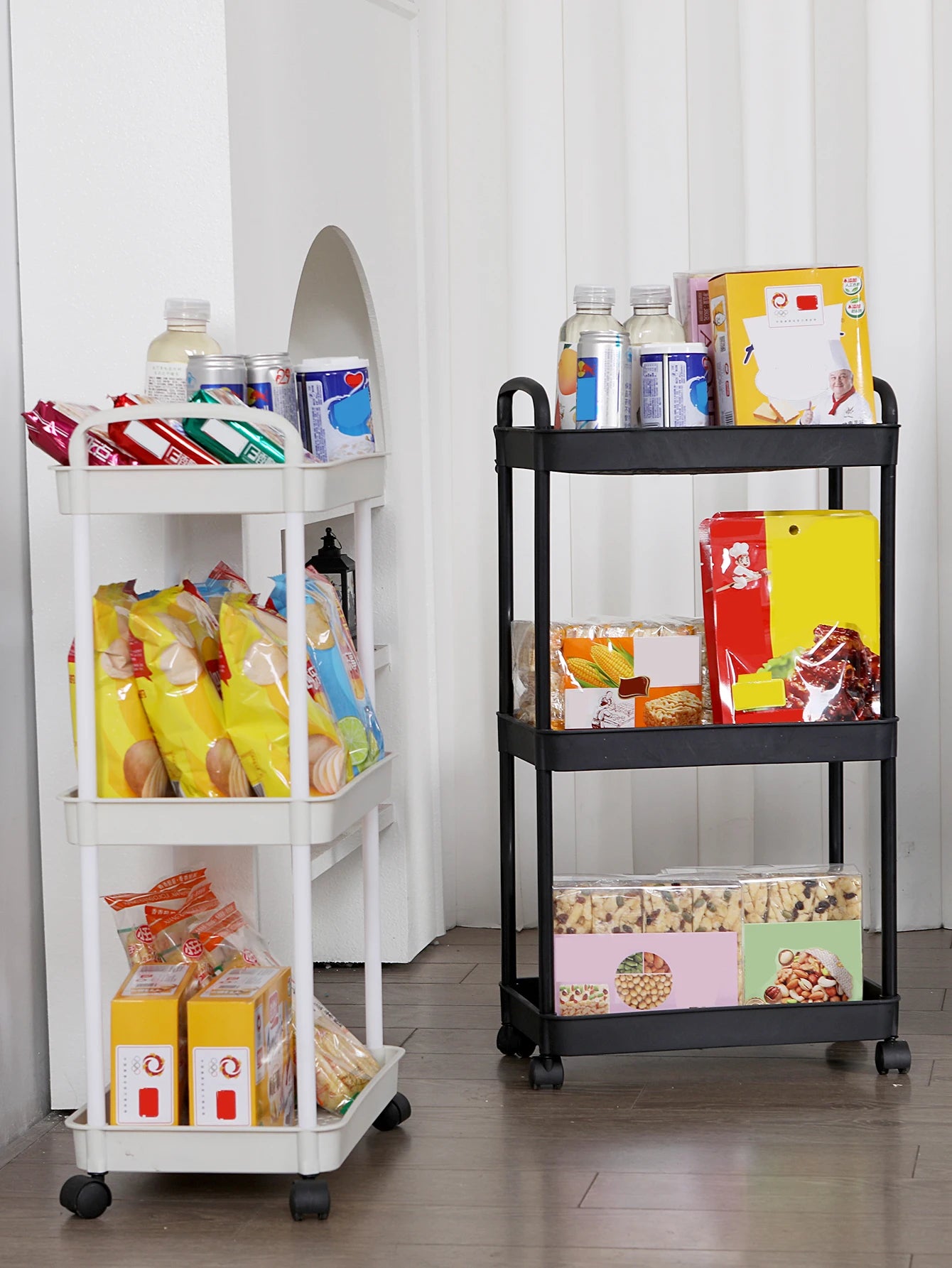 Plastic Rolling Utility Cart with Handle Storage Trolley for Office, Living Room, Kitchen, Movable Storage Organizer with Wheel