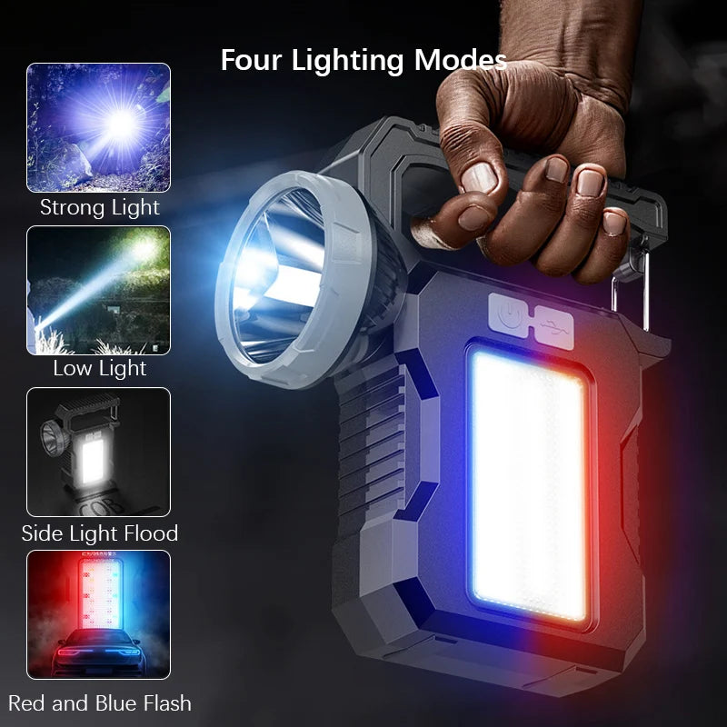 Solar Rechargeable LED Flashlight Searchlight With COB Work Light Lantern