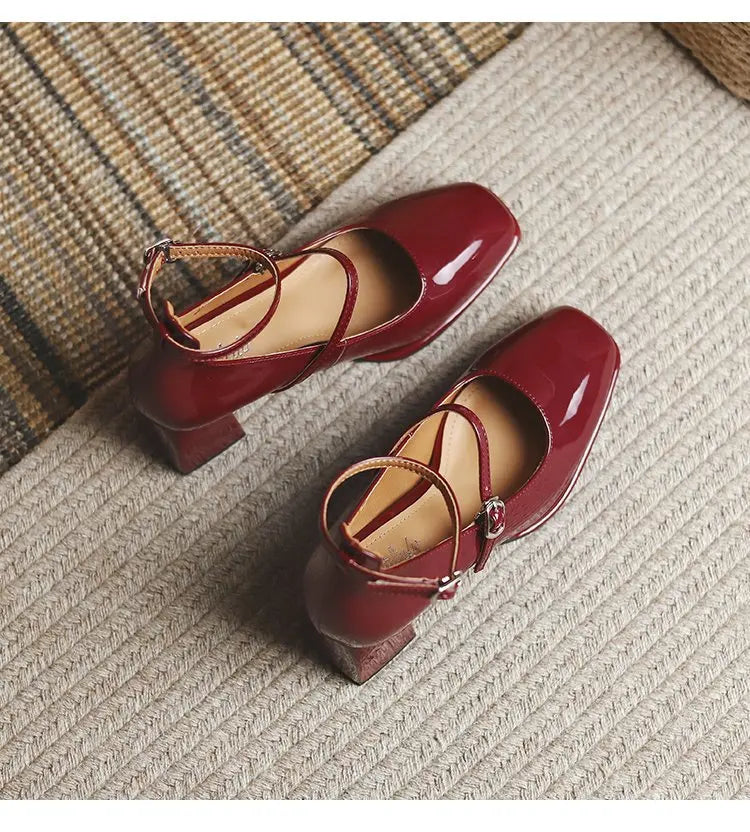 Leather Mary Jane Pumps Buckle Strap Shallow Square Toe High Heel Women