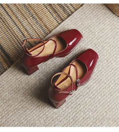 Leather Mary Jane Pumps Buckle Strap Shallow Square Toe High Heel Women