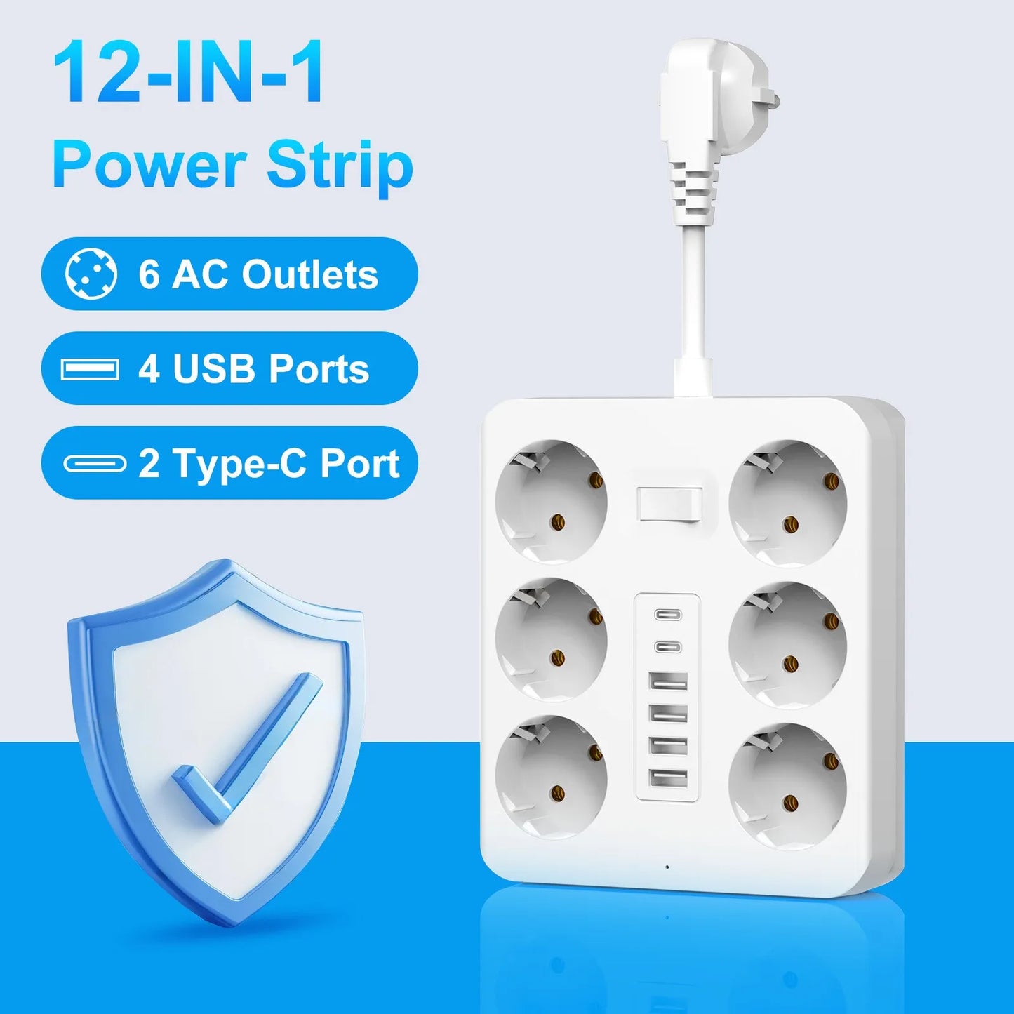 Wall Socket Extender with 6 AC Outlets 4 USB Ports 2 Type-C EU Plug Charger Electrical Switch For Home Power Strip Socket