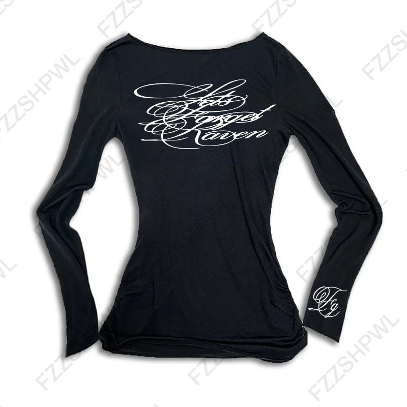 Hip Hop Punk Grunge Men Women Long Sleeve T-Shirt Casual Slim Chic Gothic Letter Print O-Neck Top Y2K Harajuku Unisex Streetwear