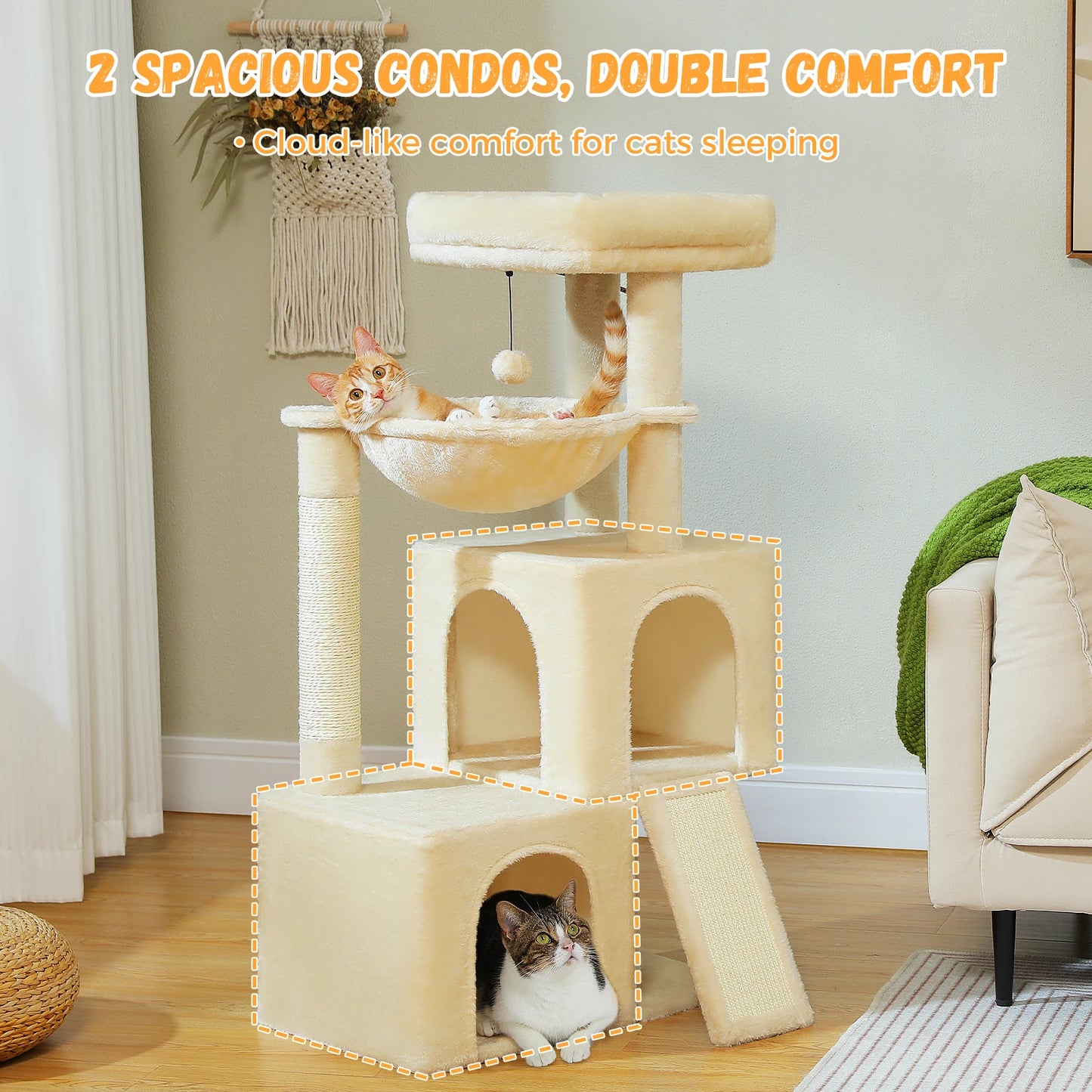 Large Cat Tree for Indoor Cats, Multi-Level Cat Tower with Sisal Scratching Post, 2 Spacious Condo, Cat Scratching Pad, Cat Toys