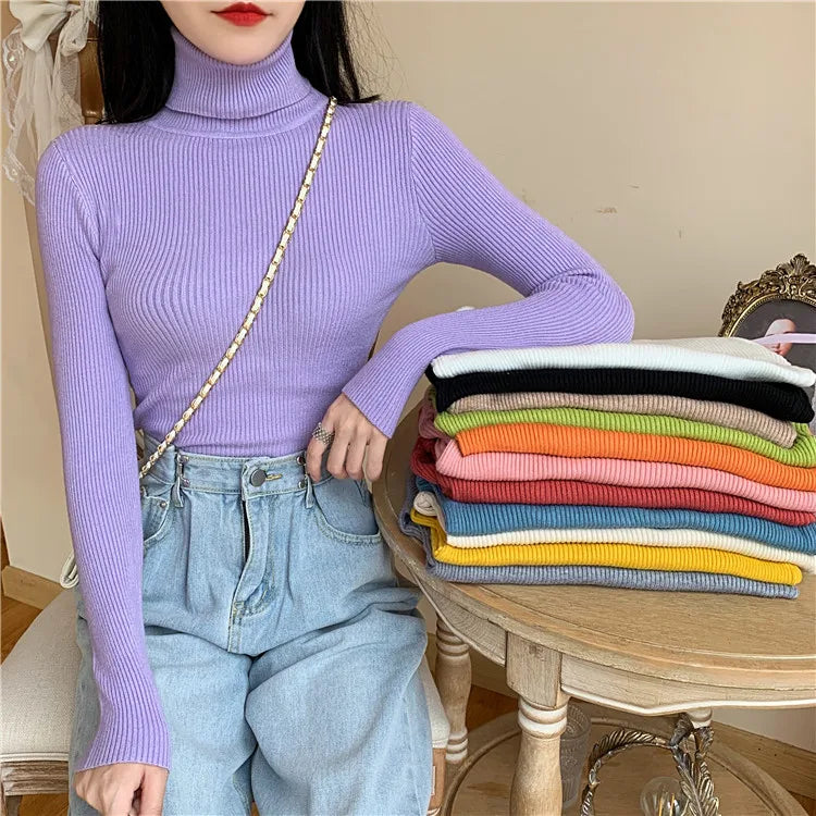 2025 Autumn Winter Women Long Sleeve Knitted Foldover Turtleneck Ribbed Pull Sweater Soft Warm Femme Jumper Pullover Clothes