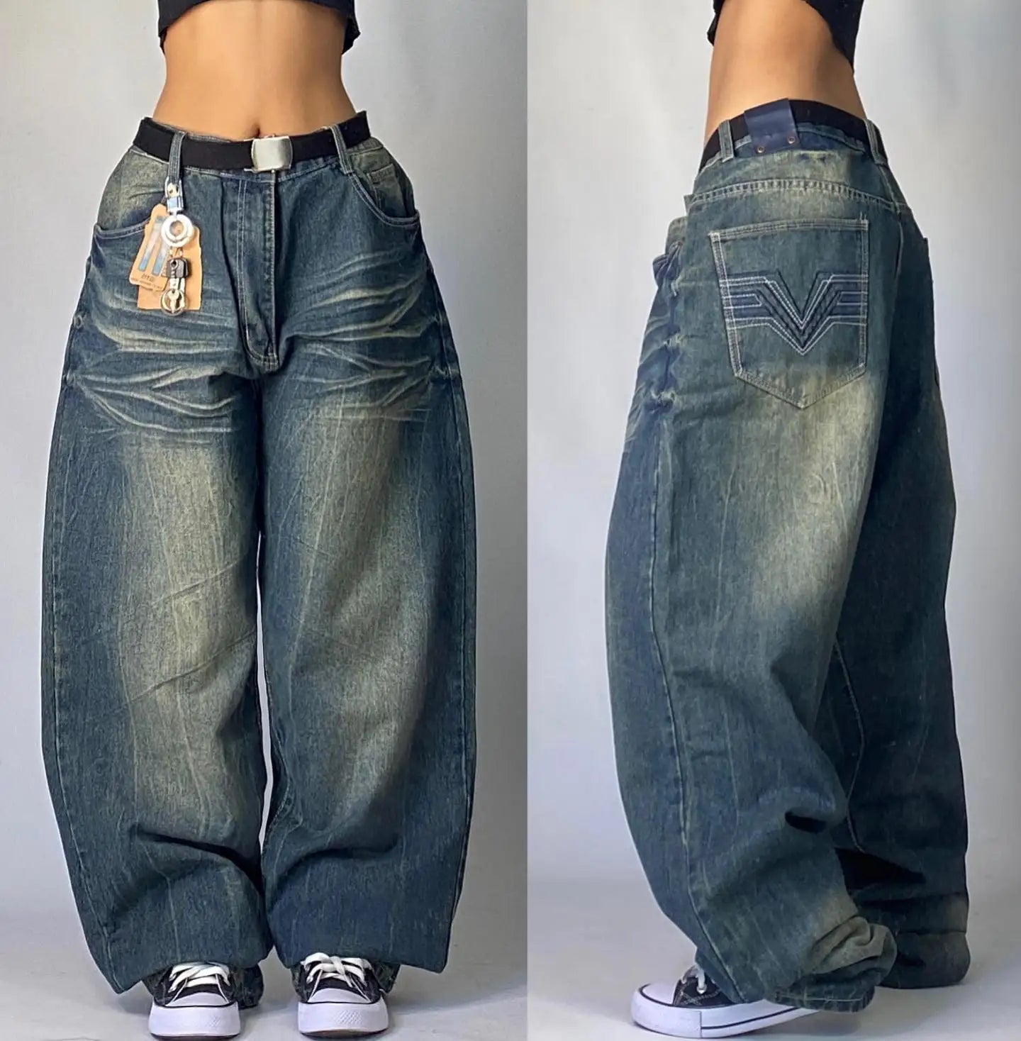 Men's Black High-Waist Baggy Wide-Leg Jeans, Y2K Streetwear