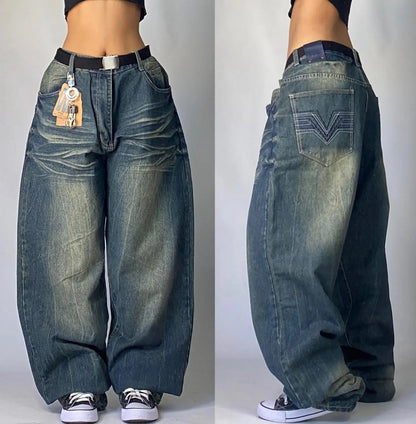 Men's Black High-Waist Baggy Wide-Leg Jeans, Y2K Streetwear