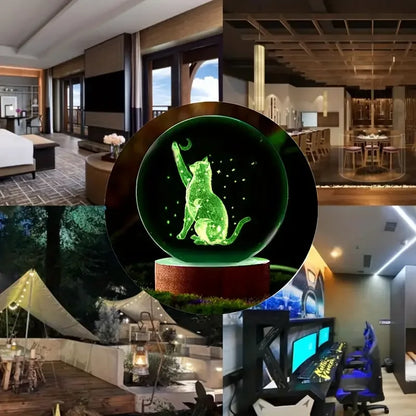 3D Laser Cat And Moon Star Glass Crystal Ball Night Light