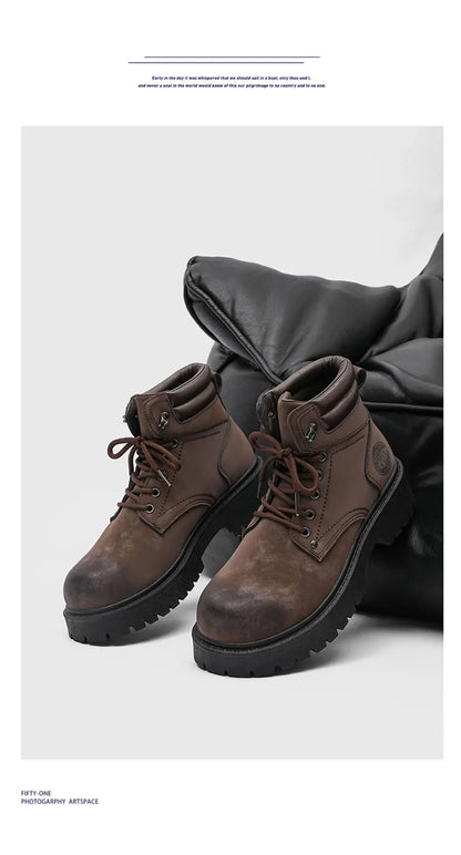 Men's Snow Boots Ankle-Height Leather Lace-Up Thick-Sole Size 39-46